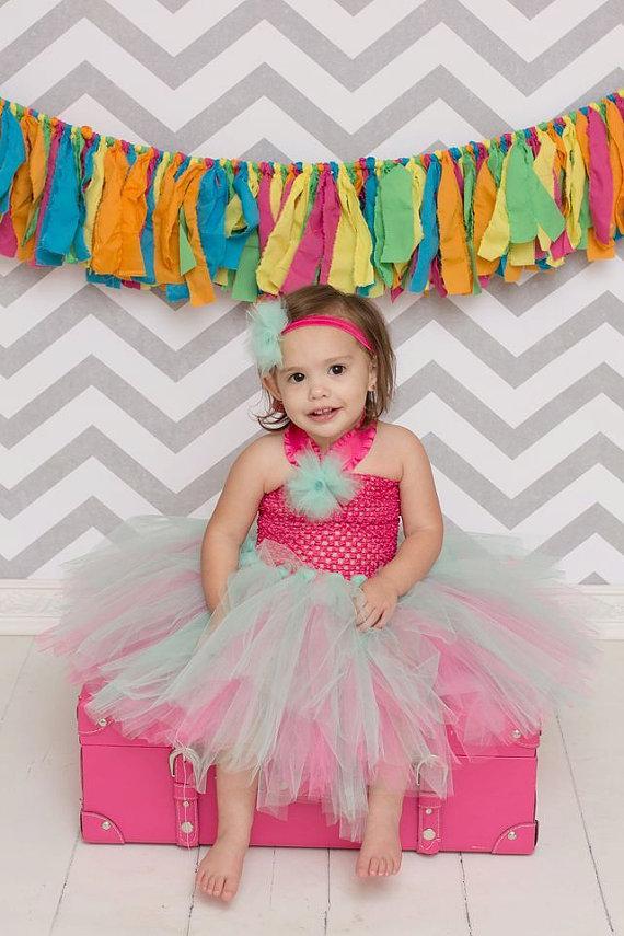 Wedding - hot pink mint tulle dress, flower girl dress, princess dress, birthday, fairy, dress up, tulle dress, infant