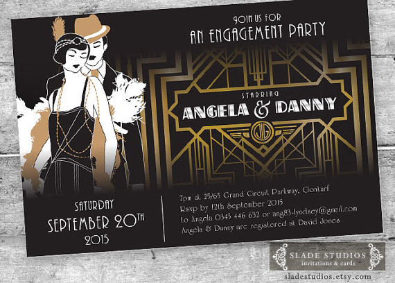 Wedding - Great Gatsby Engagement Party Invitations. Movie poster style printable Art Deco party invitations.