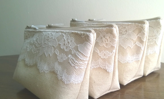 Wedding - Get One FREE - Rustic Wedding, Linen and Lace Bridesmaid Clutch, Clutches Set of 9