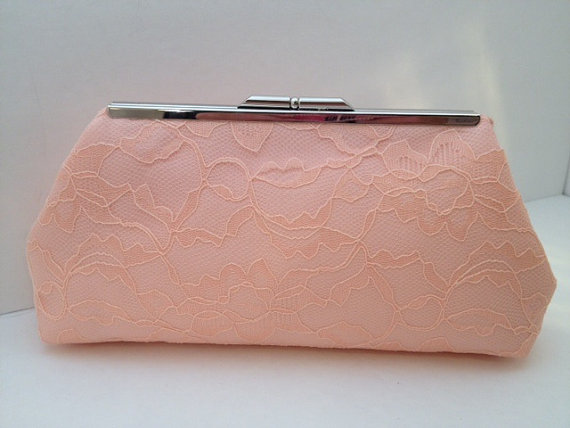 Свадьба - Peach Lace Clutch Purse with Silver Tone  Finish Snap Close Frame, Bridesmaid, Wedding, Victorian, Romance, Apricot Clutch, Bridal Clutch