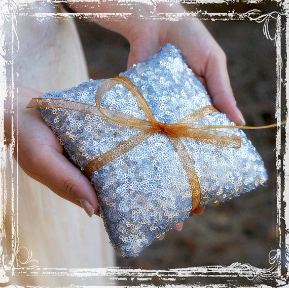 Mariage - Sequin Ring Bearer Pillow - Custom Ribbon Color - Glamorous Elegant Weddings - Sparkle Sequins Sparkly Shiny Silver - Modern Glam Glamour