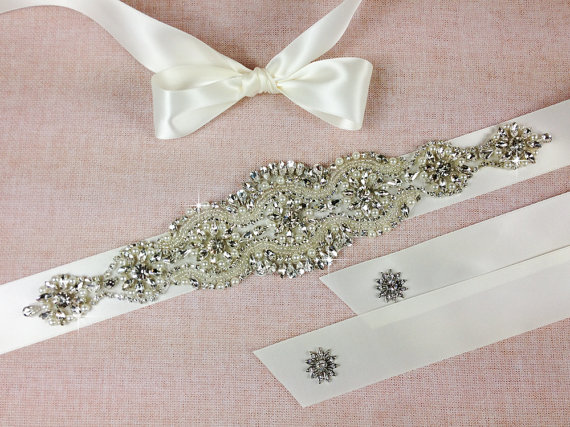 Hochzeit - CHANTAL - Bridal sash , Bridal belt , Crystal Wedding sash  - satin ribbon with crystal and rhinestone beaded applique sash, custom color