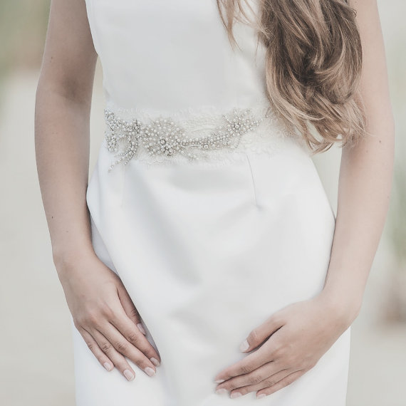 Hochzeit - Bridal crystal sash wedding dress belt with crystals and Ivory pearls lace beaded wedding belt wide waist sash rhinestone silver bridal sash