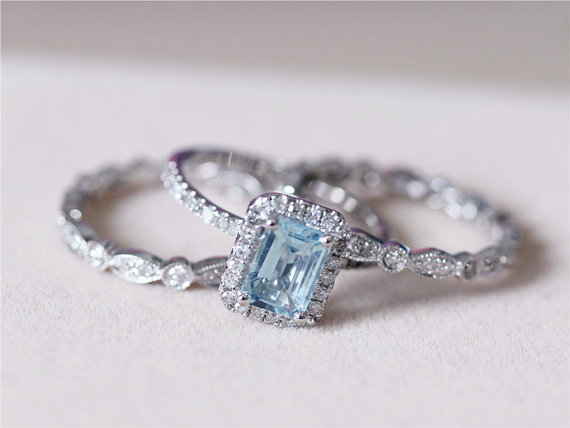 Hochzeit - 5x7mm Blue Aquamarine Ring w/ Matching Band Wedding Ring Set 14K White Gold Ring Diamond Engagement Ring Wedding Ring -3 Rings Set