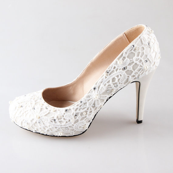 Mariage - New Ivory lace pearl wedding shoes party shoes prom shoes closed toe pumps high heels