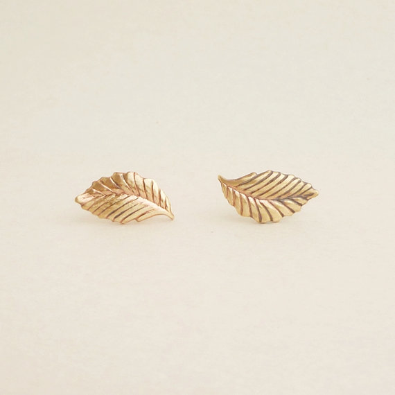 Hochzeit - Gold Leaf Stud Earrings, Leaf Earrings Bridesmaid Gift. Minimal Jewelry Stainless Steel Posts or 925 Sterling Silver Post