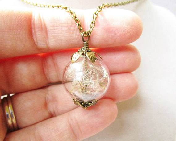 زفاف - Dandelion Seed Glass Orb Terrarium Necklace, Small Orb In Bronze or Silver, Bridesmaids Gifts, Nature Inspired, Hipster Jewelry