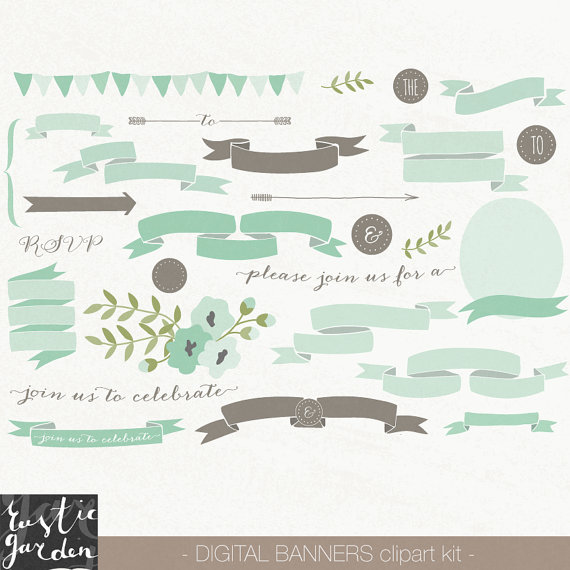 Wedding - 62 MINT and BROWN banner clipart. PNG scroll ribbon and floral digital clip art for wedding invitations. Clipart for small commercial use.