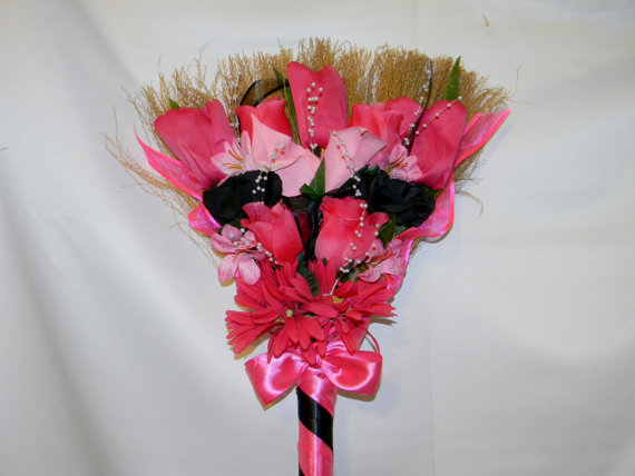 Hochzeit - Wedding Jumping Broom custom made your colors and decor shown Hot Pink Black