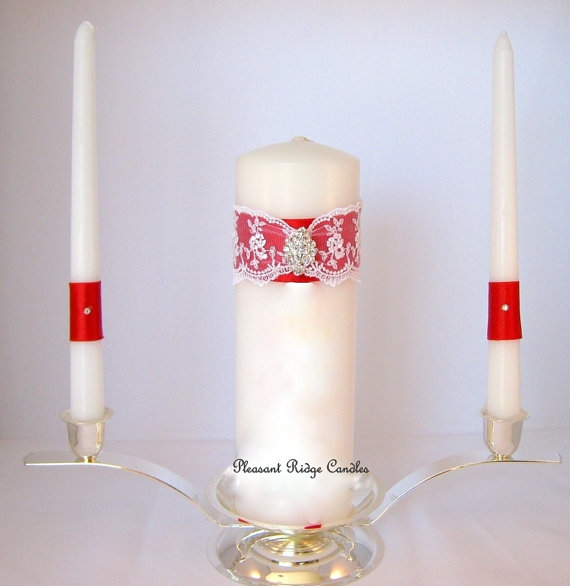 Hochzeit - Unity Candle Set Red Unity Candle Bling Unity Candle Lace Unity Candle Rhinestone Unity Candle Wedding Unity Candle Unity Wedding Candle