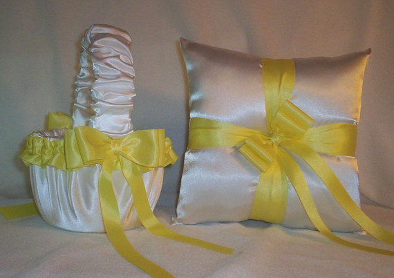 Hochzeit - White Satin With Yellow Trim Ribbon Flower Girl Basket And Ring Bearer Pillow Set 2