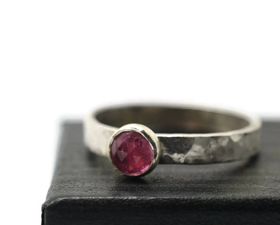 Wedding - 5mm Pink Tourmaline Ring, Engravable Engagement Ring, Artisan Made Ring, Natural Gemstone Jewelry, Hammered Band