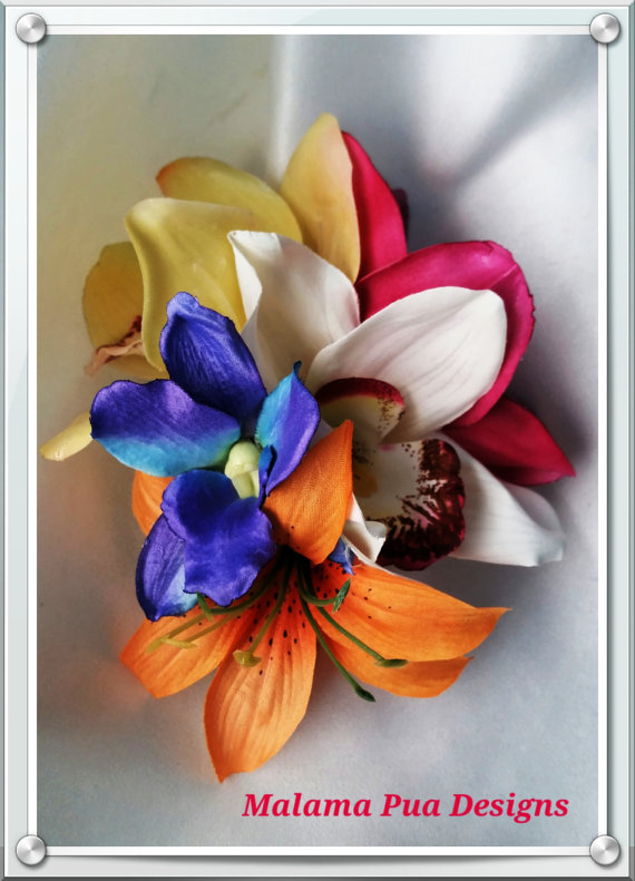 زفاف - TROPICAL HAIR CLIP, Bridal, Yellow, PInk & White Orchids, Orange lily, Beach Wedding, Silk Hair flowers, Fascinator, Wedding Hair Accessory