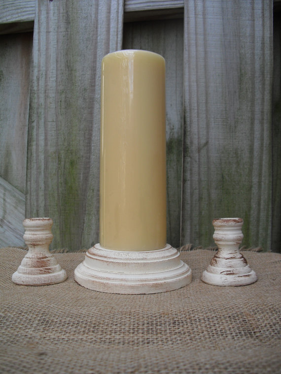 Wedding - Shabby Chic Wood Wedding Unity Candle Holder Set - You Pick Color - Item 1556