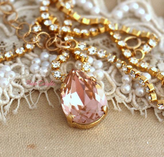 Wedding - Blush pink Crystal Necklace, Bridal Blush pink necklace, Swarovski Crystal Necklace, Bridesmaids jewelry, Pink Blush Jewel Gold Or Silver