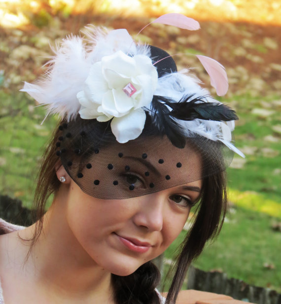 Hochzeit - Fascinator, black, white flowers fascinator,black veil, wedding hat DANICA WHITE ROSE