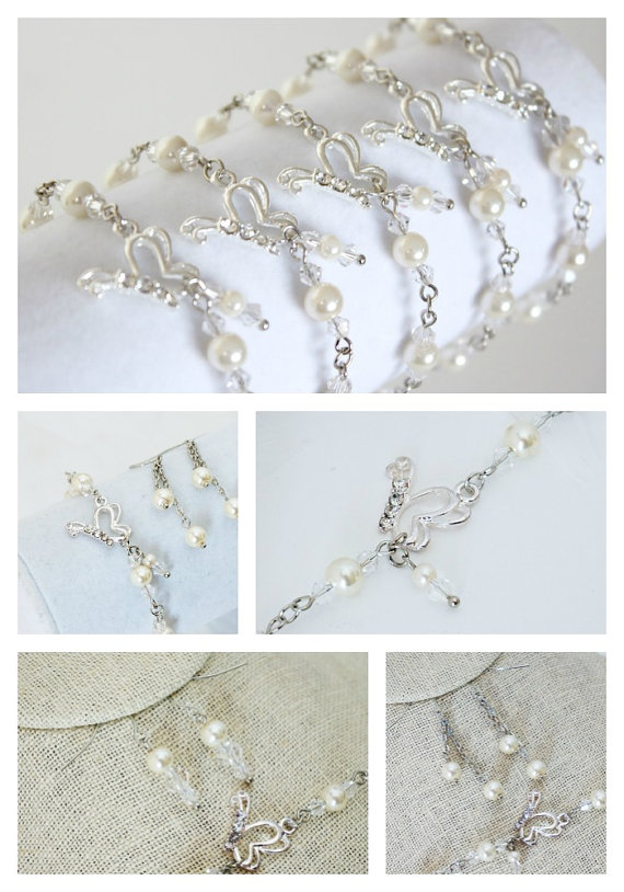 زفاف - Butterfly and Pearl Bracelet Earring Set - Bride, Bridesmaid Jewelry - Wedding - Bridal Gift