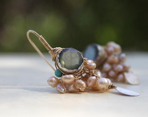Hochzeit - Labradorite Earrings, Labradorite Pearl Goddess Earrings, Labradorite Jewelry, Bridal Accessory, Cluster Earrings, Gold Filled Earrings