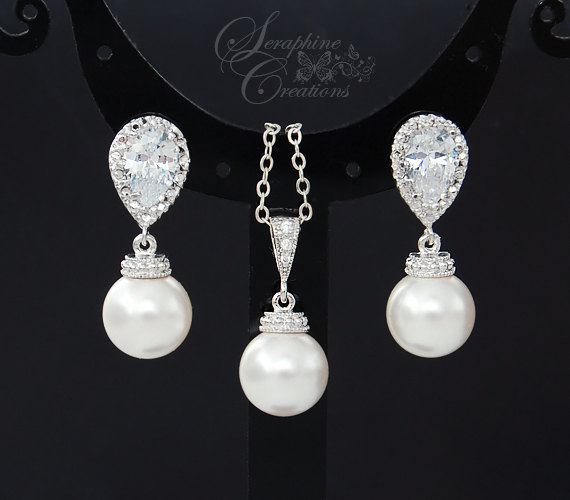 Свадьба - Bridal Pearl Earrings Necklace Set Pendant Wedding Jewelry Pearls Cubic Zirconia Teardrop Bridesmaid Gift White Ivory/Cream Round Dangle
