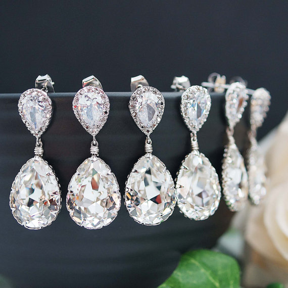 Mariage - 15% OFF SET of 7 Wedding Jewelry Bridesmaid Jewelry Bridesmaid Gift Bridesmaid Earrings Clear White Swarovski Crystal Tear drops