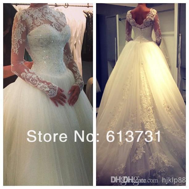 Mariage - 2014 Sexy Sheer Lace Long Sleeves Ball Gown Wedding Dresses Tulle Applique Crystals High Neck Empire Waist Vintage Bridal Gowns BO3930 Online with $129.01/Piece on Hjklp88's Store 