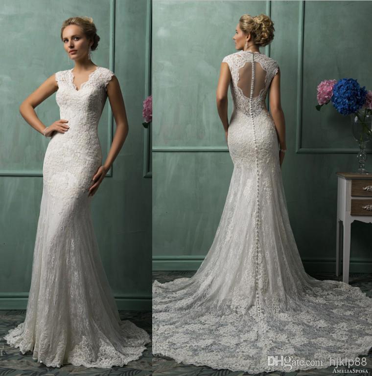Свадьба - 2014 New Sexy V-Neck Lace/Applique Backless Mermaid Wedding Dresses Ruffles Bridal Gown AmeliaSposa Collection Covered Button Wedding Dress Online with $121.41/Piece on Hjklp88's Store 
