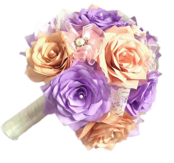 Wedding - Rose gold Bridal party bouquet package, Rose gold and lavender wedding bouquets, Paper Bouquet, Pearl Brooch bouquets, Satin ribbon bouquet