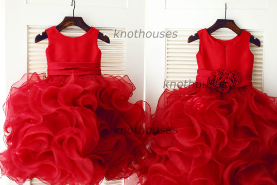 Hochzeit - Red Organza Ruffle Ball Gown Flower Girl Dress Children Toddler Dress for Wedding Junior Bridesmaid Dress