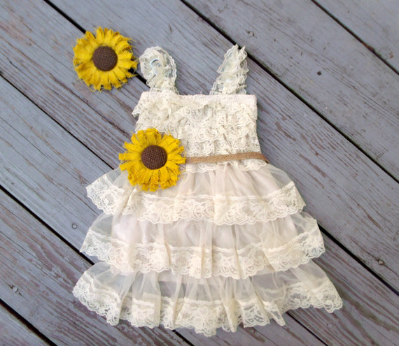 Hochzeit - Sunflower Flower Girl Dress-Sunflower Wedding-Sunflower Dress-Country Flower Girl Dress-Rustic Flower Dress-Sunflower Headband