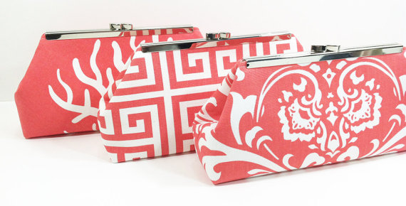 Свадьба - Coral Bridesmaid Clutches Wedding Clutch Bridal Party Gifts Choose Your Fabric Set of 4