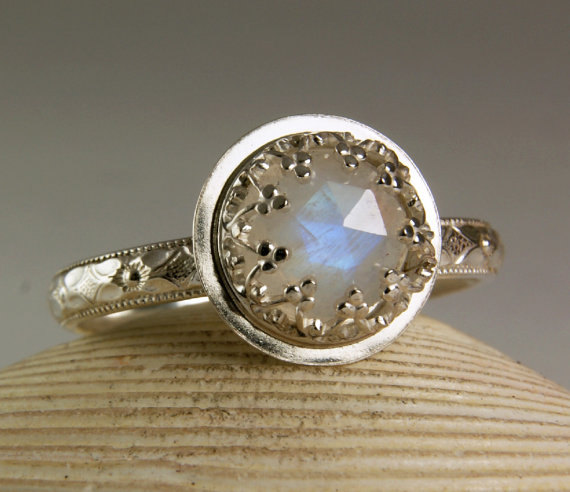Wedding - Sterling Silver Moonstone Ring, Faceted Gemstone, Blue Flash, Engagement Ring, Floral Band, custom sized