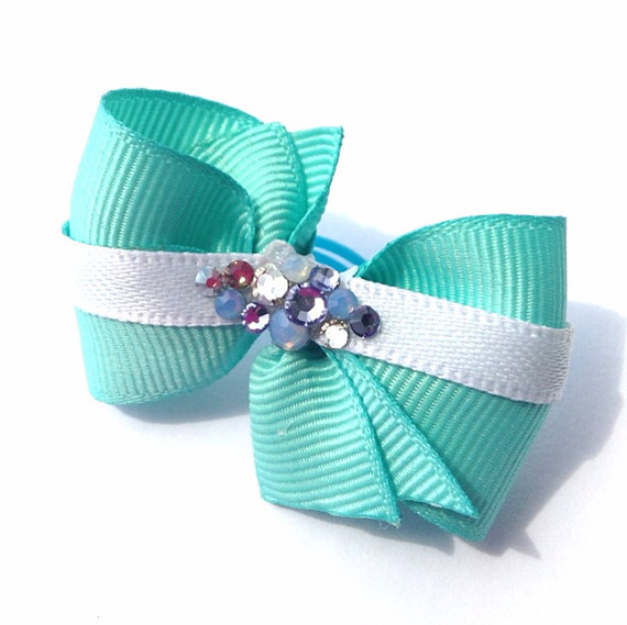 زفاف - Tiffany Blue, Swarovski crystal - dog hair bow, top knot, clip