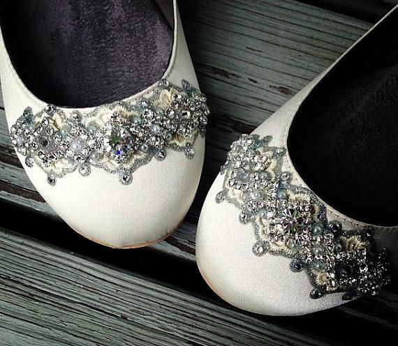 زفاف - Downton Abbey Bridal Ballet Flats Wedding Shoes - All Full Sizes - Pick your own shoe color and crystal color