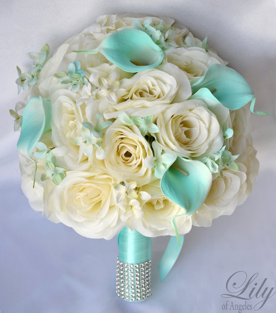 Wedding - 17 Piece Package Wedding Bridal Bride Maid Of Honor Bridesmaid Bouquet Boutonniere Corsage Silk Flower TIFFANY BLUE IVORY "Lily of Angeles"