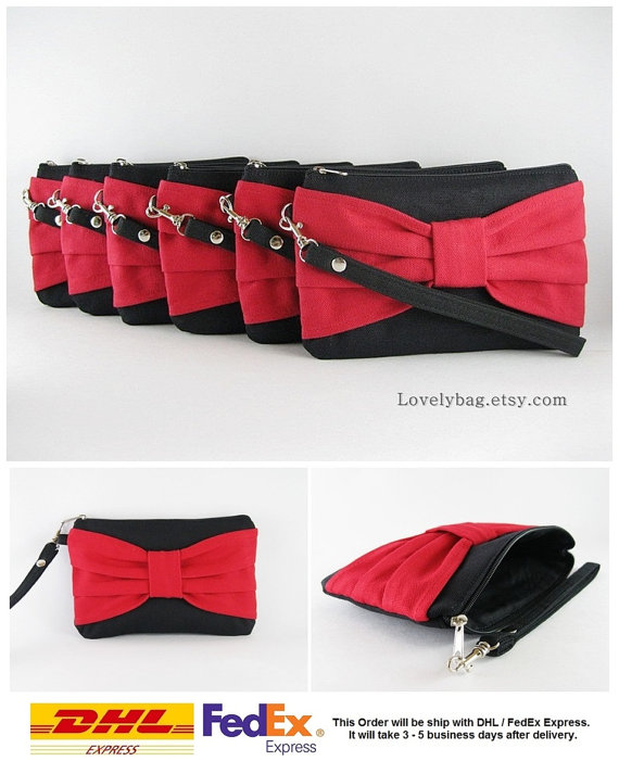 Hochzeit - SUPER SALE - Set of 6 Black with Red Bow Clutches - Bridal Clutches, Bridesmaid Clutch, Bridesmaid Wristlet, Wedding Gift - Made To Order