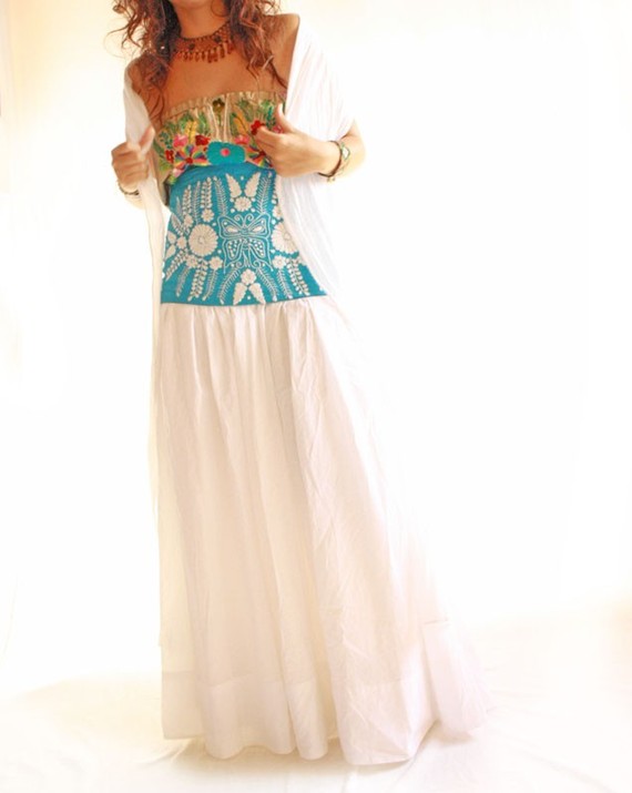 زفاف - Nature Lover embroidered Goddess Mexican dress celebration pure cotton white long wedding dress