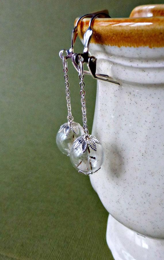 Wedding - Dandelion   earrings  Seed  jewelry  Silver  chain Botanical   Earthy  Nature   Real Dried  flowers Make a wish  Weddings Bridesmaids gift