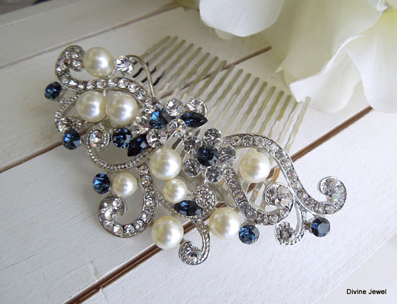 Mariage - Something Blue Swarovski Crystal Pearl Wedding Comb,Wedding Hair Accessories,Vintage Style Blue Leaf Rhinestone Bridal Hair Comb,Blue,KENDRA