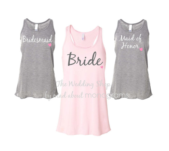 Mariage - 4 Bridal Party Flowy Racerback Tank Tops, Bride Shirt, Bridesmaid Shirts, Bachelorette Party Tank Tops, Maid of Honor Shirt - Set of Five
