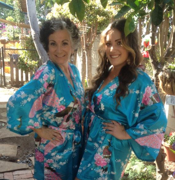 زفاف - SALE! MOB Turquoise Ready to Ship From USA, Silk Robe, Bridesmaid Gift, Wedding Kimono Robe, Bachelorette Robe, Wrap Robe