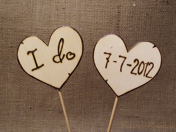 Hochzeit - Wood Wedding Cake Toppers Rustic Chic Wedding Hearts Personalized with Date