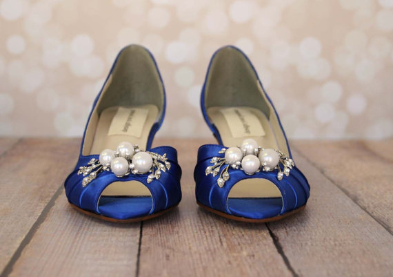 زفاف - Custom Wedding Shoes -- Royal Blue Peeptoes with Pearl and Rhinestone Adornment