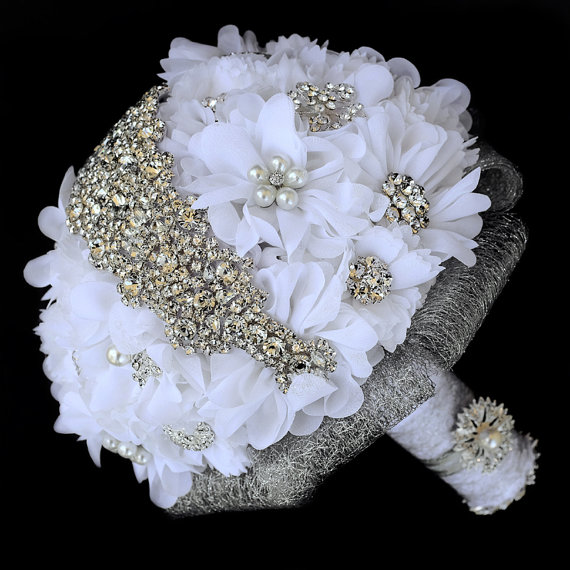 Wedding - SALE - Ready to Ship - 10 Inches Vintage Bridal Brooch Bouquet - Pearl Rhinestone Crystal - Silver White Gray - BB054LX