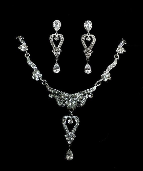 Свадьба - Crystal Bridal Jewelry, Semi Parure Set, Floral Necklace, Swarovski Teardrop Earrings, Sterling Silver Posts, ROMANTICA