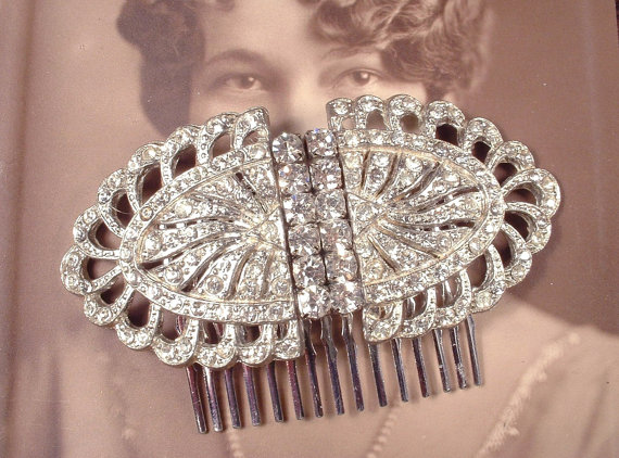 Mariage - Antique Art Deco Hair Comb 1920s Bridal HeadPiece Pave Paste Clear Rhinestone Dress Clips OOAK  Flapper Accessory Great Gatsby Wedding 20s