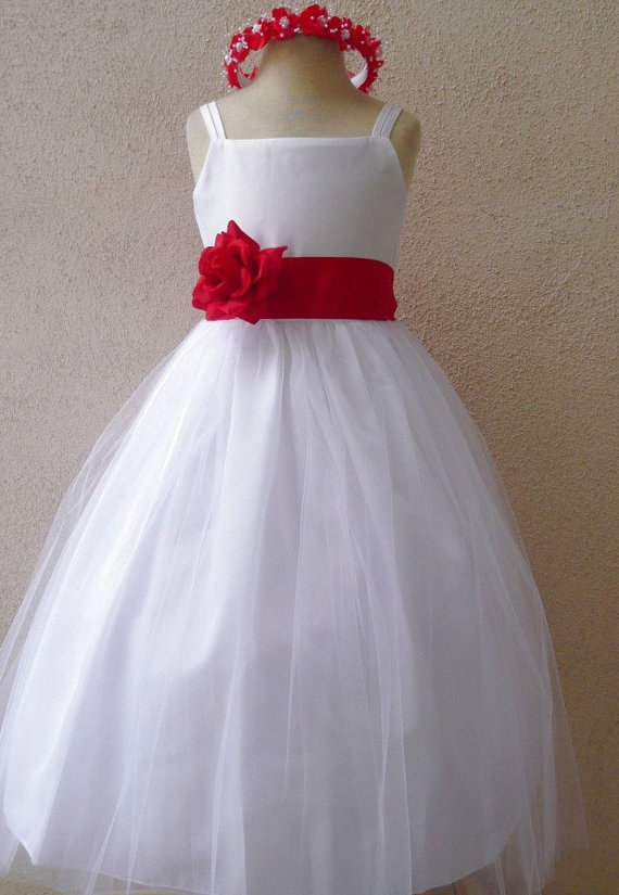 Wedding - Flower Girl Dress - WHITE Tulle Dress (Double Straps) with Red CHERRY Sash - Easter, Jr. Bridesmaid, Wedding - Baby to Teen (FGRP2W)