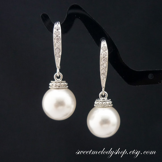 Hochzeit - Wedding Jewelry Bridesmaid Gift Bridesmaid Jewelry Bridal Pearl Earrings White OR Cream Swarovski Round Pearl Drop Earrings Cubic Zirconia
