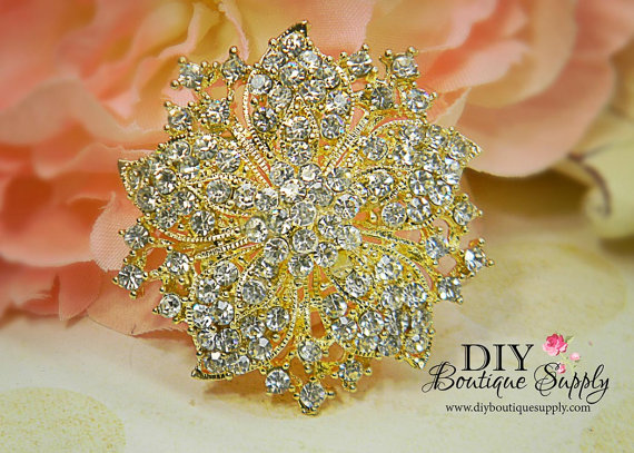 Hochzeit - Gold Crystal Brooch - Wedding Brooch -  Bridal Accessories - Rhinestone Brooch Bouquet - Bridal Brooch Sash Pin 50mm 373220