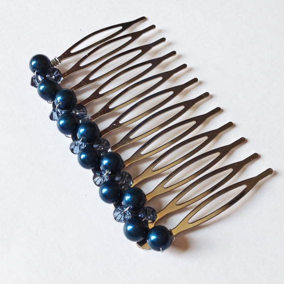 زفاف - Navy Blue Pearl Crystal Hair Comb - Something Blue Swarovski Wedding Bridal Hair Accessory