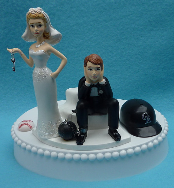 Hochzeit - Wedding Cake Topper Colorado Rockies Baseball Themed Ball and Chain Key w/ Bridal Garter Rocks Sports Fans Bride Groom Humorous Funny Top